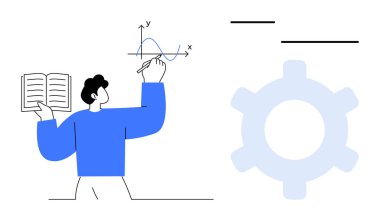 Kişi kitabı tutuyor, eksene grafik çiziyor, dişli çarkının yanında yapıcı planlamayı temsil ediyor. Eğitim, BTMM, araştırma, yenilik, mühendislik analitik ekip çalışması için ideal. Düz basit