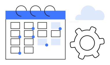 Vurgulanmış tarihler, süreçler için dişli sembolü ve teknolojiyi temsil eden bulut takvimi. Planlama, planlama, üretkenlik, otomasyon, bulut çözümleri organizasyonu iş akışı için idealdir. Temiz