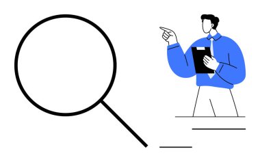 Büyüteç ve pano işaretli adam analiz, araştırma, teftiş, strateji, odaklanma, soruşturma, problem çözme. İş stratejisi araştırma eğitimi için ideal