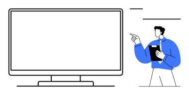 Bir dosya tutan ve sunum sırasında büyük ekranı gösteren bir adam. Öğretmenlik, eğitim, eğitim, takım çalışması, liderlik, iletişim ve bilgi paylaşımı için ideal. Düz basit metafor