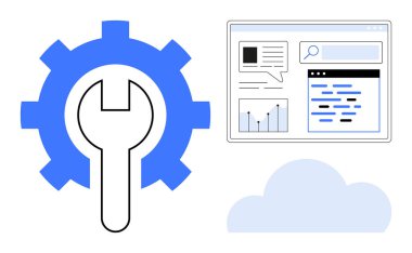 İngiliz anahtarı, bulut simgesi ve web sayfası arayüzü ile donanım teknoloji, veri yönetimi, analitik, araçlar, geliştirme, dijital dönüşüm ve optimizasyonu sembolize eder. IT yazılım dijital için ideal
