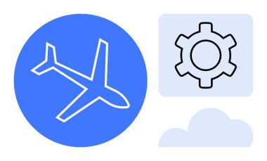 Mavi dairenin içindeki uçak, vites ve ışık tonlarında bulut simgelerinin yanında. Havacılık, yenilik, seyahat, teknoloji, lojistik, geliştirme ve basit bir iniş sayfası için ideal