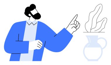 Mavi ceketli sakallı adam modern bir vazodaki yapraklı bitkiyi işaret ediyor. Tasarım, yaratıcılık, eğitim, iletişim, basitlik, modern yaşam tarzı, basit iniş sayfası için ideal