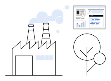 Duman yayan bir fabrika, grafik ve metin içeren bir veri analiz arayüzü ve basit bir ağaç. Sürdürülebilirlik, endüstri, yenilik, analitik, çevre ve izleme için ideal