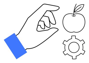 Elma ve dişlinin yanında el hareketi, sağlık, teknoloji ve yeniliğin harmanlanması. Kararlar için ideal, teknoloji, beslenme, üretkenlik, yenilik eğitimi minimum tasarım basit iniş sayfası