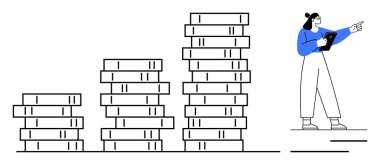 Elinde uzun kitap yığınlarının büyüdüğünü gösteren bir tablet tutan kadın öğrenmeyi, gelişmeyi ve ilerlemeyi sembolize ediyor. Eğitim, ilerleme takibi, kişisel gelişim ve başarı için ideal