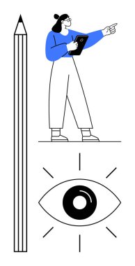 Tablet tutan ve işaret eden kadın, kalem yaratıcılığı simgeler, göz görme ve gözlemi simgeler. Yaratıcılık, strateji, yenilik, eğitim, vizyon, basit iniş sayfası için ideal