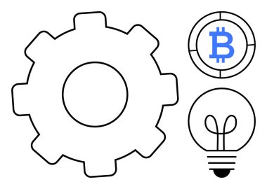 İşlem için vites, dijital para için Bitcoin, fikirler ve yenilik için ampul. Başlangıç için ideal teknoloji, finans, kripto para, engelleme zinciri mühendisliği yaratıcılığı. Düz basit