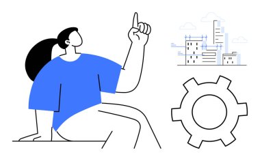 Minimalist şehir manzarası ve teçhizatıyla ilerlemeye doğru hareket eden bir kadın figürü. Yenilik için ideal, kentsel gelişim, takım çalışması, planlama, mühendislik, beyin fırtınası, basit iniş sayfası