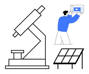 Bilimsel araştırmalar için mikroskop, yenilenebilir enerji için güneş paneli, oyun düğmesi ile ekranı sunan kişi. Eğitim, teknoloji, bilim, temiz enerji, yenilik, takım çalışması için idealdir.