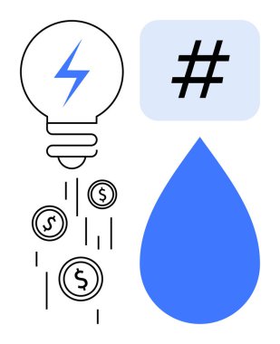 Bozukluklu ampul, mavi damlacık ve meta veri etiketi enerji, su tasarrufu, sosyal medya, para kazanma fikirlerini birleştiriyor. Yenilik, sürdürülebilirlik ve çevrimiçi eğilimleri finanse etmek için ideal
