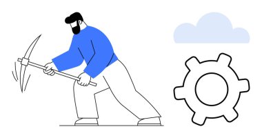 Kazma kullanan bir adam, teknoloji için bir dişlinin yanında çabayı ve üretkenliği ve bulut bulut gösterme yeniliğini simgeliyor. Çalışma, ilerleme, endüstri, takım çalışması, yazılım, bulut hesaplama, düz