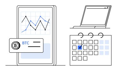 Taşınabilir ekranda şifreli para birimi verilerini gösteren dijital grafikler, işaretli tarihli takvim ve açık dizüstü bilgisayar. Finans, kripto para birimi, yatırım, zamanlama, ticaret, finansman verimliliği için ideal