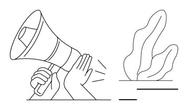 Megafon tutan eller, soyut yaprak elementleri eşliğinde ses dalgaları yayıyor. Pazarlama, iletişim, tanıtım, reklam, takım çalışması, farkındalık kampanyaları ve basit iniş kampanyaları için ideal