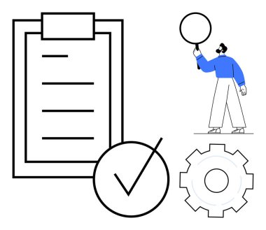 Büyük tik işaretli kontrol listesi, dişli sembolize süreci, konuşma baloncuğu tanımlayan kişi. Proje planlaması, takım yönetimi, organizasyon, üretkenlik, iş akışı, iletişim için ideal