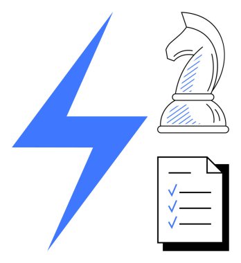 Mavi yıldırım, satranç şövalyesi ve işaretli kontrol listesi enerji, strateji ve organizasyonu simgeler. Liderlik için ideal, yenilik, planlama, yaratıcılık yönetimi başarısı