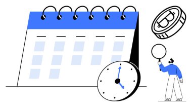 Günlerce gösterilen spiral takvim, önde saat, yanda para ve balon tutan kişi. Zaman yönetimi, etkinlik planlaması, üretkenlik, hedefler, organizasyon finans için ideal