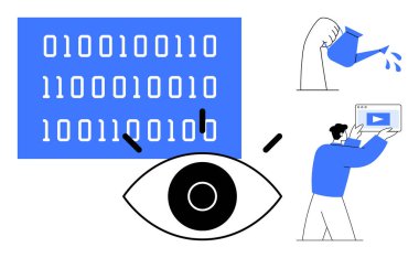 Gözü olan ikili kod veri içgörüsünü, büyümeyi sembolize eden suyu bir el doldurduğunu ve bir kişinin elinde bir video ekranı olduğunu gösteriyor. Teknoloji için ideal, yapay zeka, yaratıcılık, veri analizi, medya, yenilik basit