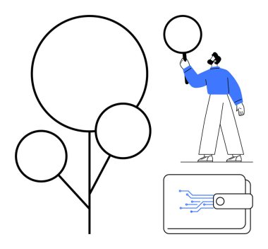 Dijital cüzdanın yanında bir büyüteçle dallanma diyagramını analiz eden bir adam. Keşif için ideal, veri analizi, finansal teknoloji, yenilik, engelleme zinciri, araştırma, basit iniş sayfası