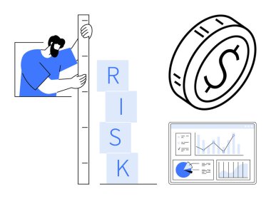 Risk sayacını ayarlayan adam, madeni parayı temsil eden para, analiz için veri tabloları. Risk yönetimi, finans, ekonomi, yatırım, planlama, iş analizi için ideal