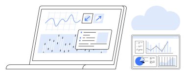 Daha küçük bir bulut tabanlı gösterge panelinin yanında etkileşimli grafikler, tablolar ve analiz araçları gösteren dizüstü bilgisayar. Veri analizi, bulut hesaplama, izleme, iş stratejisi ve şirket için ideal