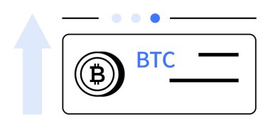 BTC etiketli bitcoin logosu, büyümeyi gösteren yukarı doğru ok, minimal gösterge paneli tasarımı. Kripto para, finans, yatırım, ticaret, analitik, engelleme zinciri basit iniş sayfası için ideal