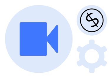 Mavi kamera ikonu, dolar sembolü ve video oluşturma, kazanç ve işlem verimliliğini gösteren teçhizat. Medya, üretim, pazarlama, teknoloji yenilikçiliği yaratıcılık ve strateji temaları için ideal