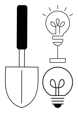 Bahçıvanlık malası, yaratıcılığı, büyümeyi ve yeniliği simgeleyen iki ampulün yanında. Sürdürülebilirlik için ideal, çevre dostu kavramlar, yaratıcı problem çözme, icat, bahçıvanlık, yenilenebilir kaynaklar