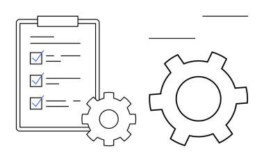 İşaretli görevlerle birlikte süreç optimizasyonunu ve verimliliğini sembolize eden iki vites listesi. Proje yönetimi, organizasyon, planlama, üretkenlik, iş akışı, otomasyon için ideal, basit