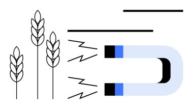 Manyetik kuvvet buğday saplarını çekiyor. Enerji akışını temsil eden çizgiler ve kıvılcımlar. Tarım, teknoloji, yenilik, sürdürülebilirlik, büyüme, manyetizma, gıda üretimi için idealdir. Düz basit