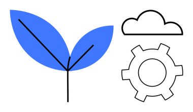 Mavi yaprak, vites ve bulut simgelerinin yanında, çevre dostu teknoloji ve ilerlemeyi temsil ediyor. Sürdürülebilirlik, yenilik, yeşil enerji, teknoloji, gelişme, büyüme, basit