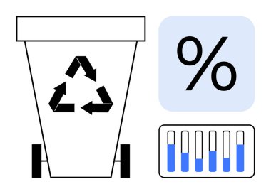 Atık ilerlemesini vurgulayan ok sembollü geri dönüşüm kutusu, yüzde metriği ve bar grafiği. Sürdürülebilirlik, çevre bilinci, veri izleme, eğitim, atık yönetimi için ideal