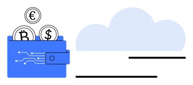 Bitcoin, Euro ve Dolar paralarının yanında bulut bulunan mavi cüzdan. Finans, kripto para, para transferi, dijital bankacılık, fintech global ticaret güvenli depolama için ideal. Düz basit metafor