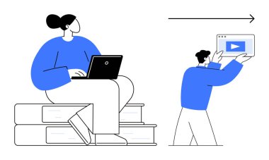 Dizüstü bilgisayarlı bir kadın istiflenmiş kitaplar ve video tarayıcı ekranı sunan bir adam. Eğitim, takım çalışması, e-öğrenme, bilgi paylaşımı, webinarlar, uzaktan çalışma, basit iniş sayfası için ideal