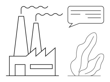Gaz yayan bacalı bir fabrika, yapraklı bir bitki ve konuşma balonu. Sürdürülebilirlik, çevre, iletişim, endüstri, kirlilik, iklim hareketi için ideal basit iniş sayfası