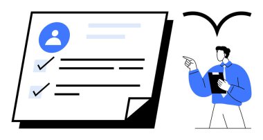 Elinde pano tutan adam profil resimli kontrol listesi belgesini işaret ediyor. Görev yönetimi, üretkenlik, planlama, organizasyon, hesap verebilirlik, iş süreçleri için ideal, düz basit metafor