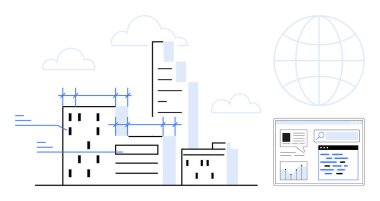 Özetlenmiş binaları, iskelesi, veri ağı, küresi ve analiz arayüzü olan şehir silüeti. Teknoloji, inşaat, mimari, yenilik sürdürülebilirlik veri sistemleri için idealdir.