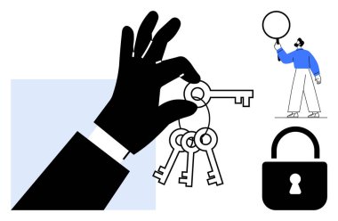 Asma kilit ve balon tutan bir karakterin yanında elle kavrayan anahtarlar. Güvenlik, erişim, çözümler, özgürlük, fırsatlar, kilit açma potansiyeli, basit iniş sayfası için ideal