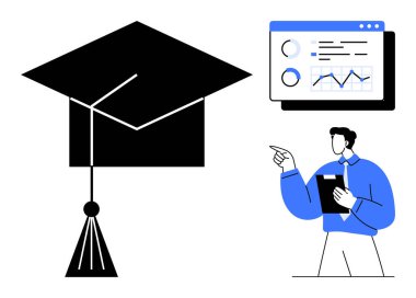 Mezuniyet şapkası, elinde klasör olan eğitmen, ekranda öğrenme ölçümlerini analiz ediyor. Eğitim, e-öğrenim, veri analizi, öğretim ve akademik büyüme eğitimi için ideal. Düz basit