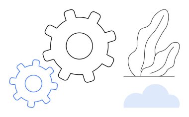 Bağlantı, yenilik, mekanik, büyüme, sürdürülebilirlik, sistem entegrasyonu ve modern tasarımı temsil eden soyut bitki ve bulut şekillerinin yanında hareket eden iki vites. Teknoloji konsepti için ideal