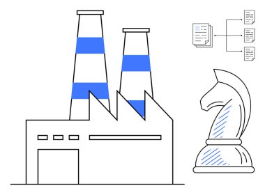 Çift bacalı fabrika binası, işlem haritası için akış şeması, stratejiyi temsil eden satranç şövalyesi. Endüstri, planlama, karar verme, otomasyon, sistemler, yenilik için idealdir.