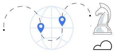 Mavi lokasyon iğneli dünya, noktalı bağlantı çizgileri, satranç şövalyesi taşı ve bulut şekilli. Küresel strateji, karar verme, liderlik, navigasyon, iş planlaması yeniliği için ideal