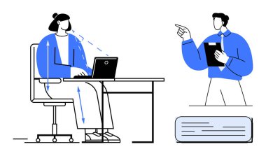 Dizüstü bilgisayar kullanan bir işçiyle profesyonel etkileşim ve elinde belgeler tutan bir yönetici. İş yeri dinamiği, iletişim, geri bildirim, liderlik, yönetim ve takım için ideal