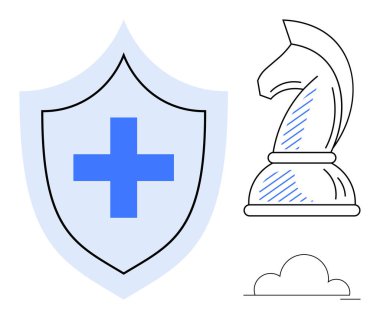 Kalkanda mavi haç, satranç şövalyesi ve bulut çizgisi stratejiyi, sağlık hizmetini, güvenliği ve güvenilirliği vurguluyor. Koruma, sağlık sigortası yenilik stratejisi güvenliği için ideal. Düz