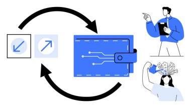 Devreli cüzdan, iki yön oku, pano taşıyan analitik adam, su bidonuyla büyüyen kadın. Finans, teknoloji, yenilik, büyüme, yaratıcılık stratejisi için ideal
