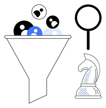 Soyut insan simgelerini ayıran huni, arama ve odaklamayı temsil eden büyüteç, stratejiyi sembolize eden satranç şövalyesi. Filtreleme, adam toplama, analitik, karar verme ve liderlik için ideal