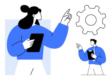 Dijital tabletleri olan takım, mekanizmaları analiz ediyor ve dişlilere işaret ediyor, stratejiyi, takım çalışmasını, problem çözmeyi, teknolojiyi, yeniliği, liderliği ve planlamayı temsil ediyor. İdeal