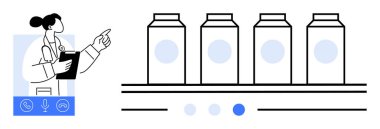 Kadın profesyonel, interaktif simgelerle birlikte elinde bir pano tutarken şişeleri işaret ediyor. Sağlık, ürün değerlendirmesi, kalite kontrolü, e-ticaret, lojistik, karar verme mekanizması için ideal