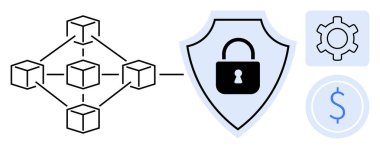 Kilit, dişli simgesi ve dolar sembolü ile kalkana bağlı engelleme zinciri ağı. Güvenlik, teknoloji, kripto para birimi, engelleme zinciri, veri koruması, basit iniş sayfasını finanse etmek için ideal