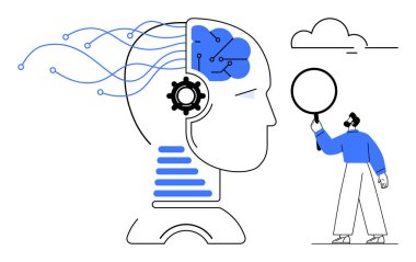 İnsan figürü, yapay zeka destekli bir kafanın yanında büyüteç tutuyor. Sinirsel bağlantıları ve dişlileri olan beyin zekayı ön plana çıkarır. Teknoloji, yenilik, yapay zeka, araştırma, veri analizi için ideal